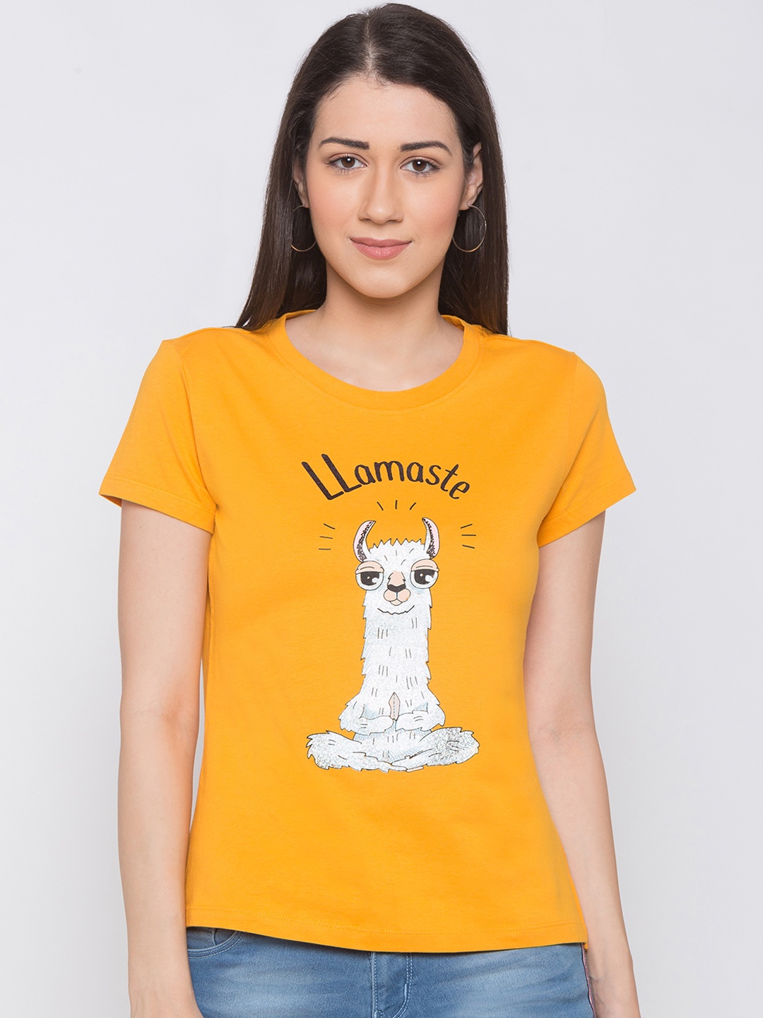 

Globus Women Mustard Yellow & Grey Printed Round Neck T-shirt