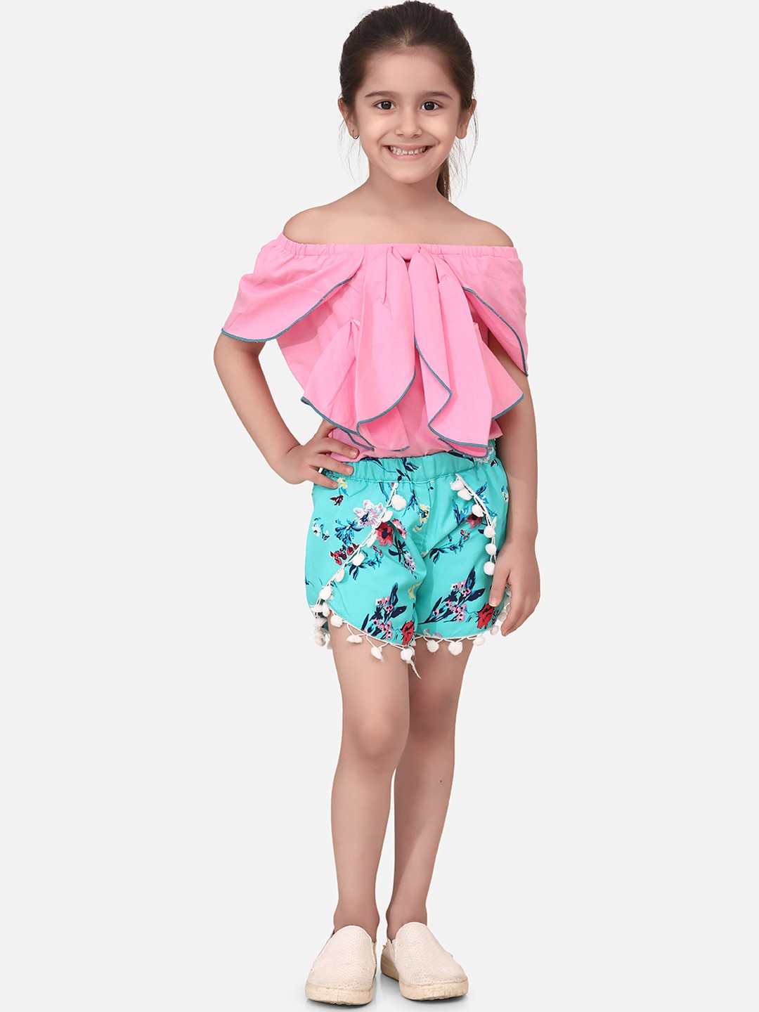 

Cutiekins Girls Pink & Sea Green Self Design Top with Shorts