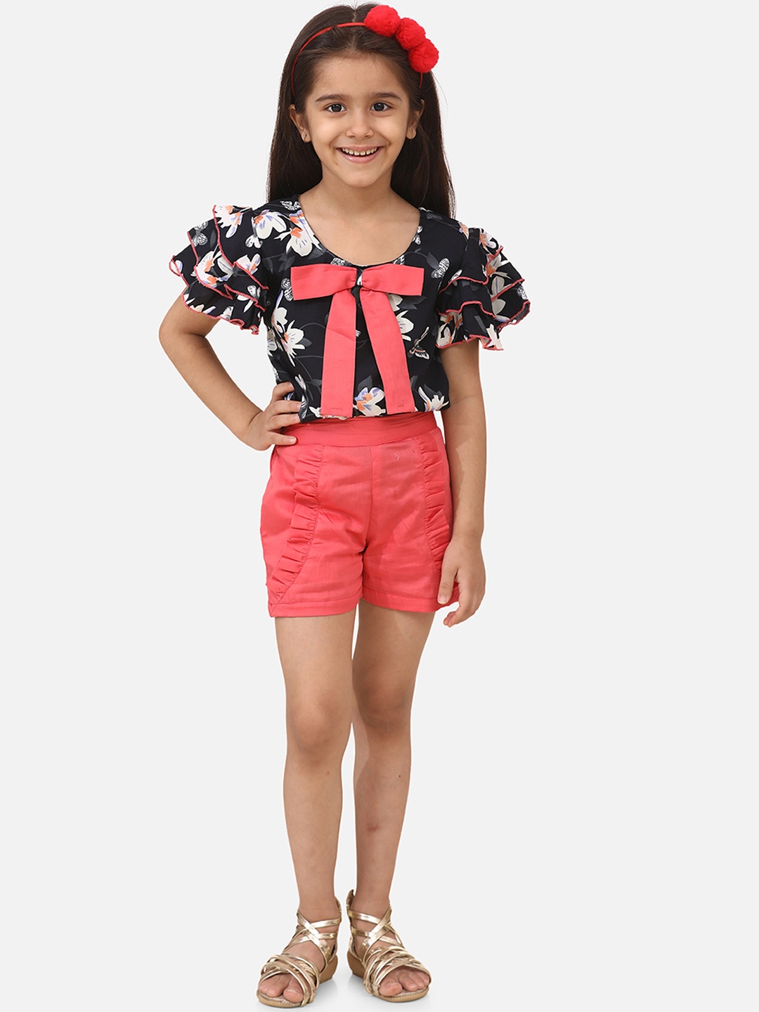 

Cutiekins Girls Black & Coral Pink Printed Top with Shorts