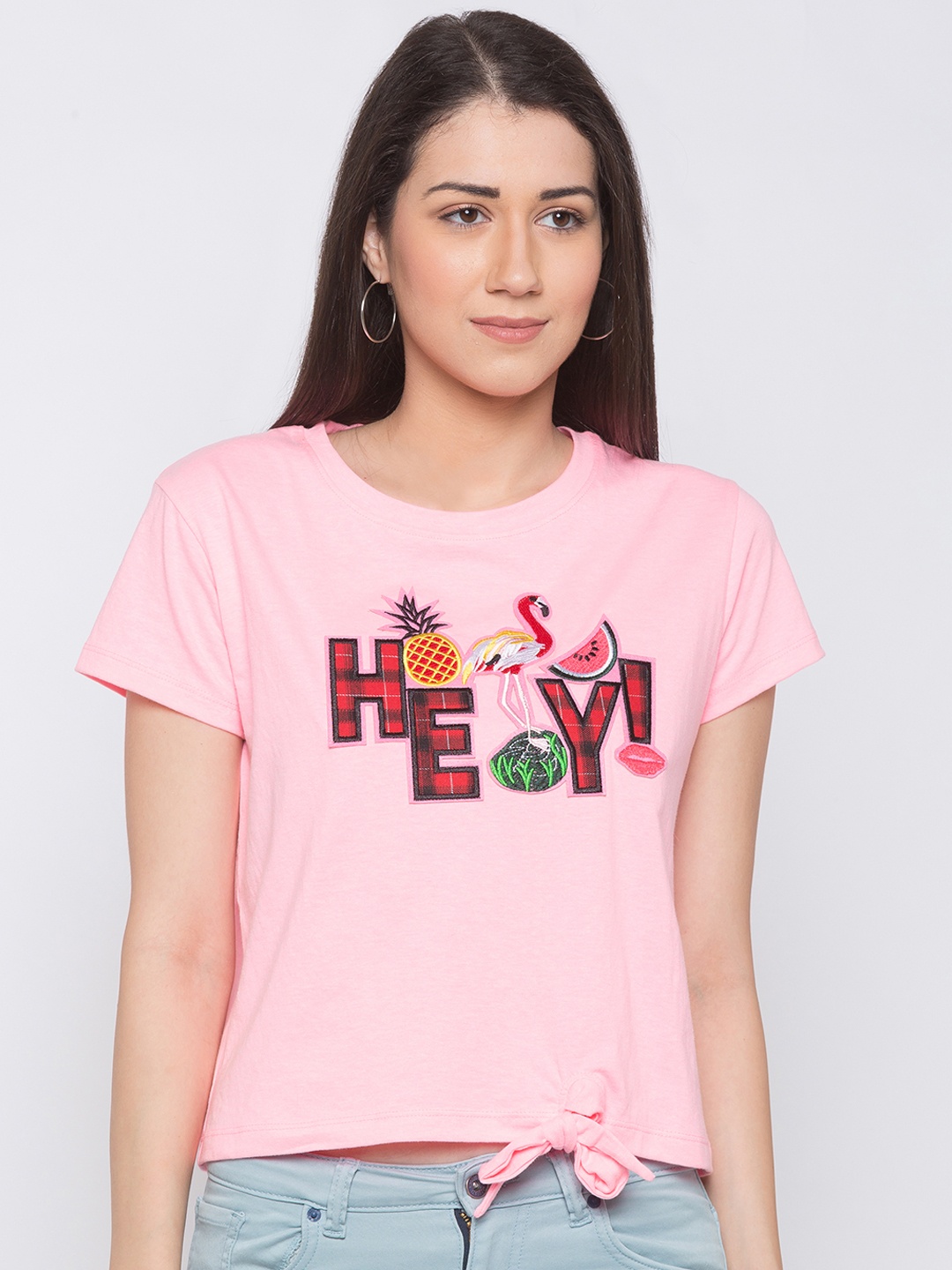 

Globus Women Pink & Yellow Printed Round Neck T-shirt