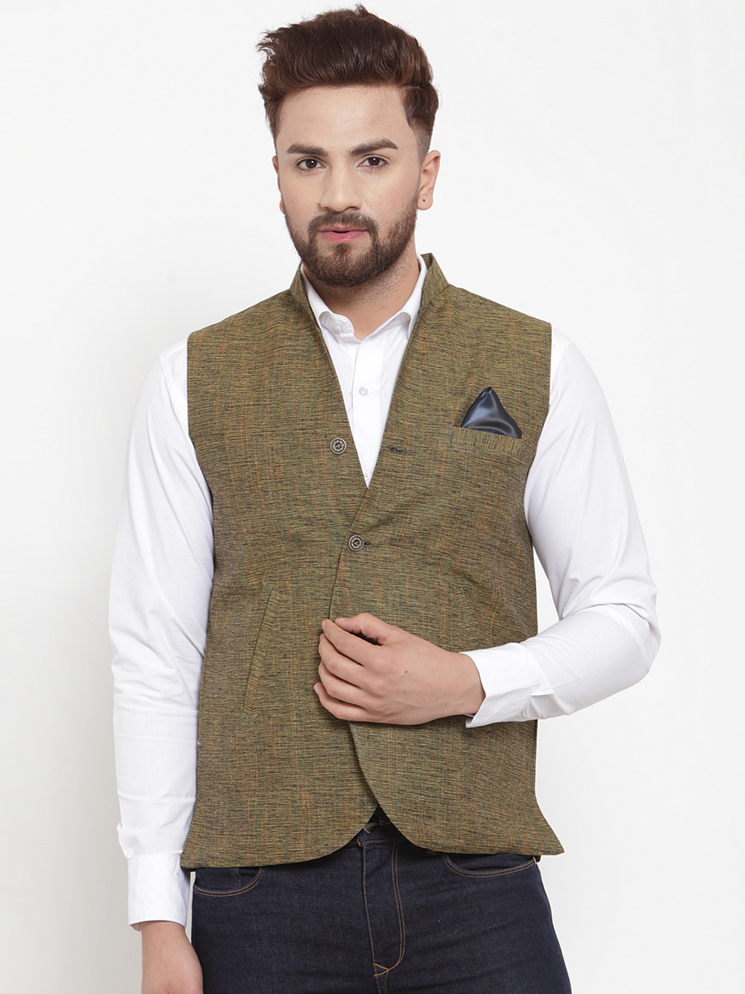 

KLOTTHE Men Khaki Green Woven Design Pure Cotton Nehru Jacket