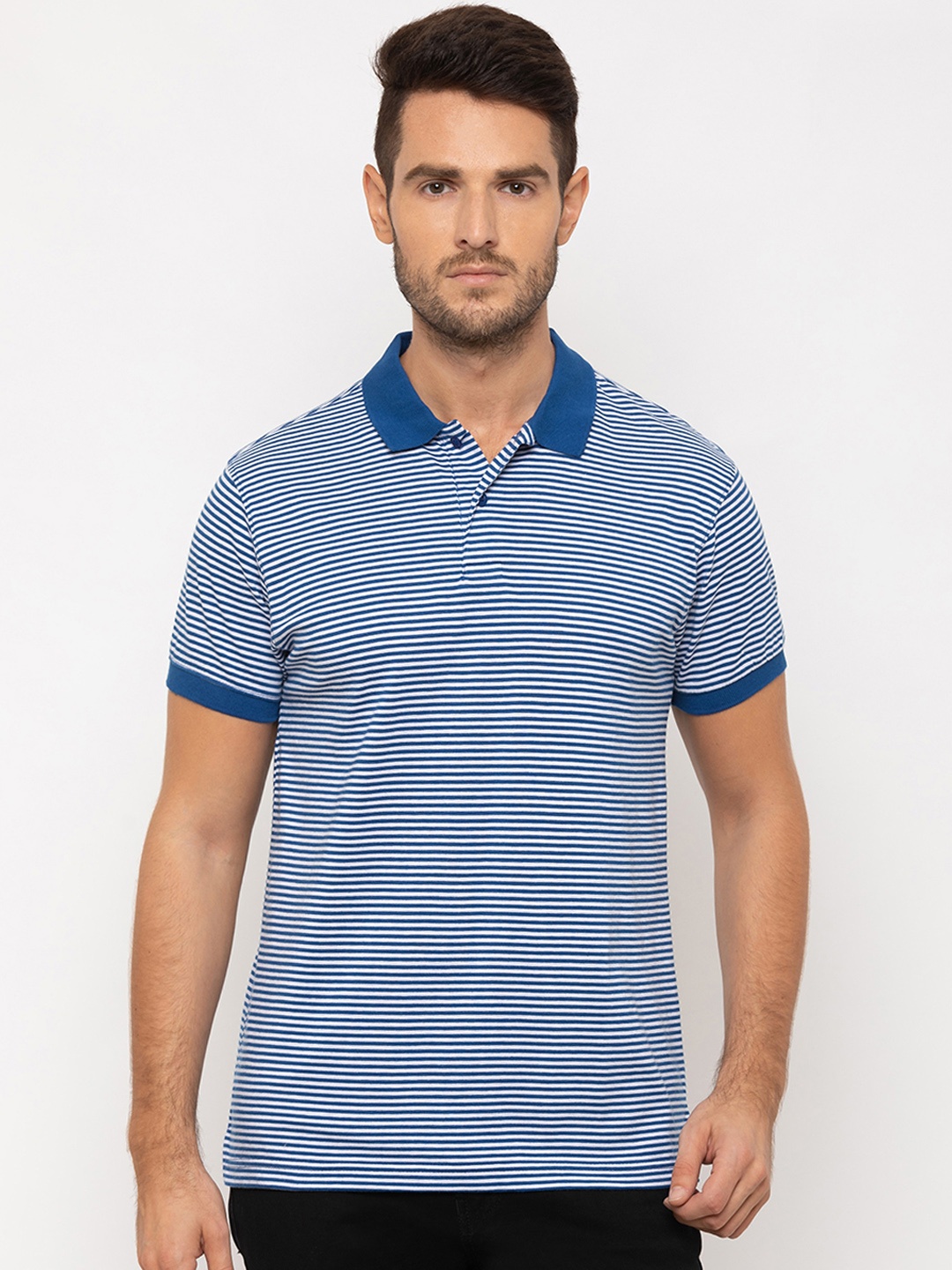 

Globus Men Blue & White Striped Polo Collar T-shirt