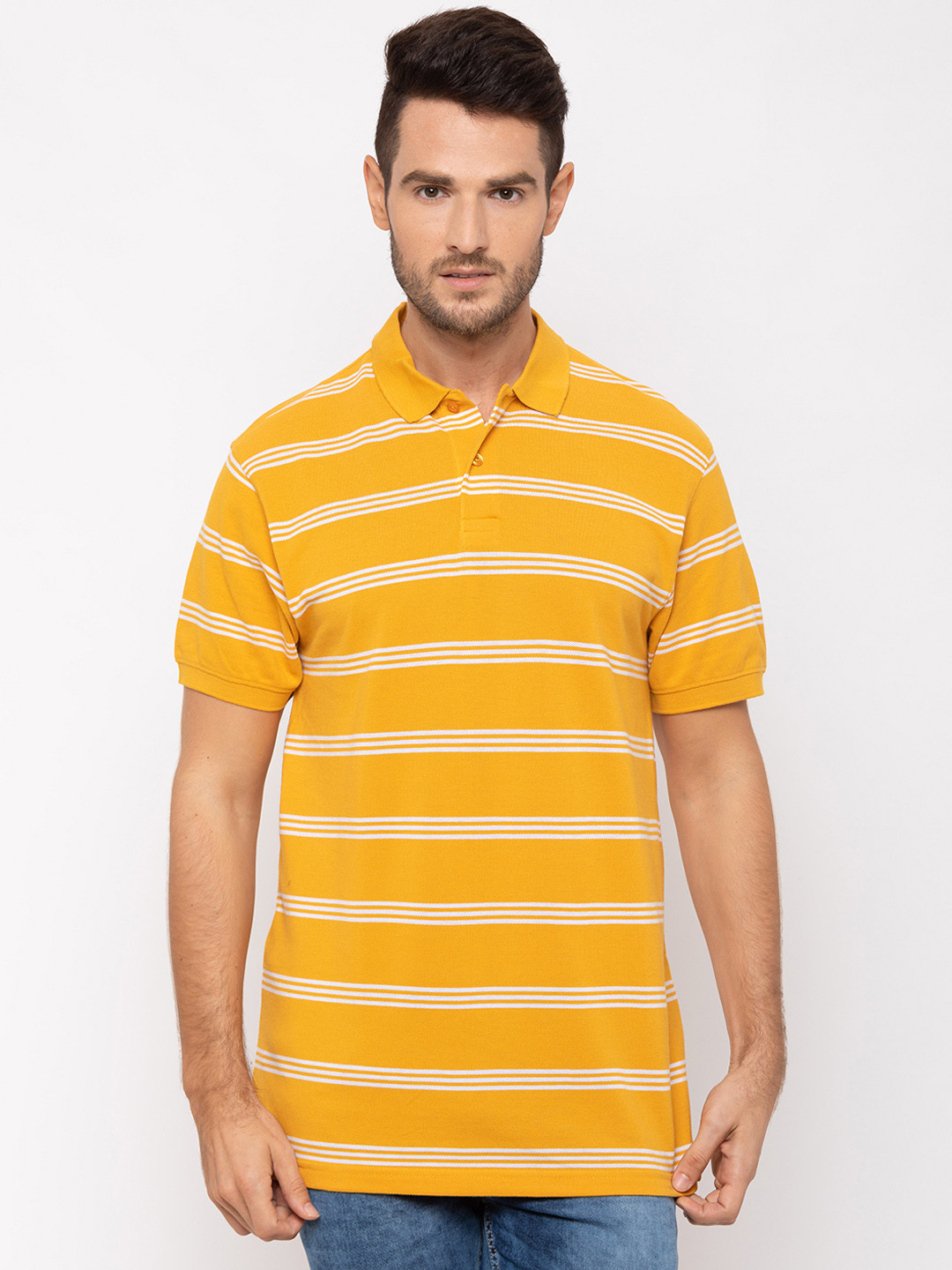 

Globus Men Mustard Yellow & White Striped Polo Collar T-shirt