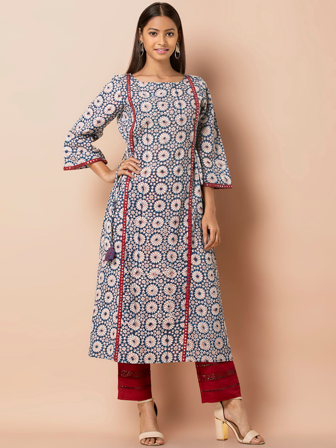 

INDYA Women Off-White & Blue Printed A-Line Kurta