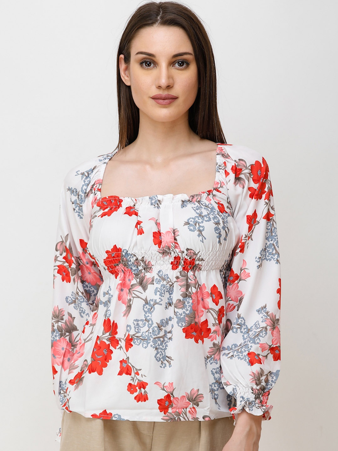 

Cation Women White & Red Floral Printed Top