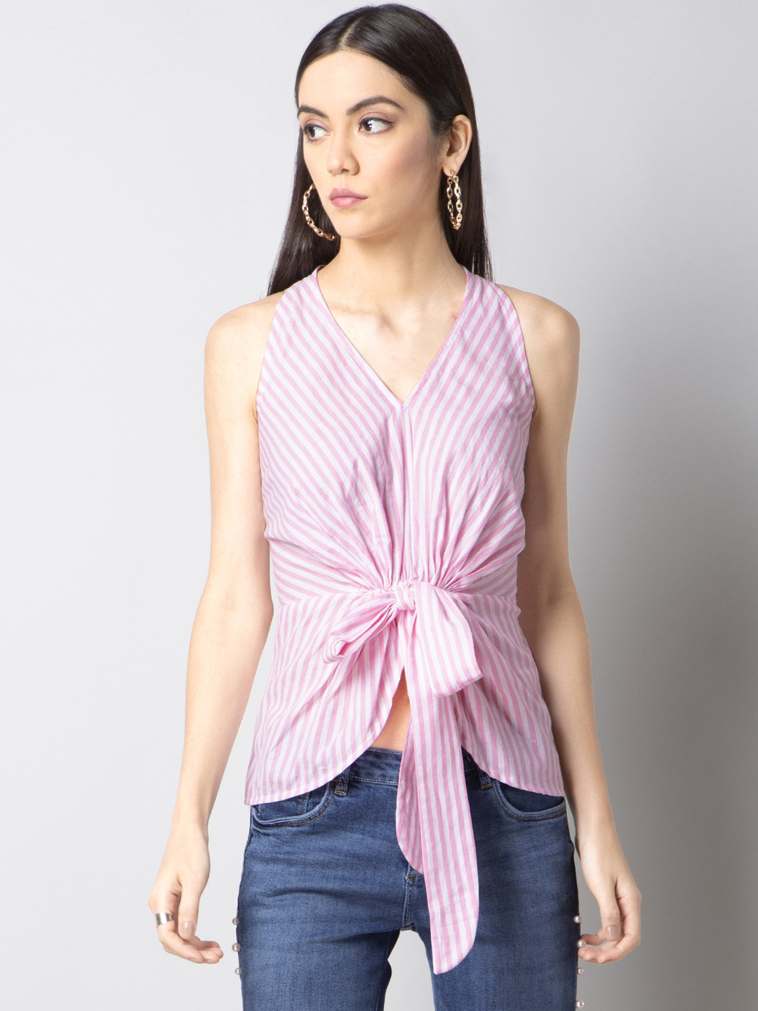 

FabAlley Women Pink & White Striped Crop Top