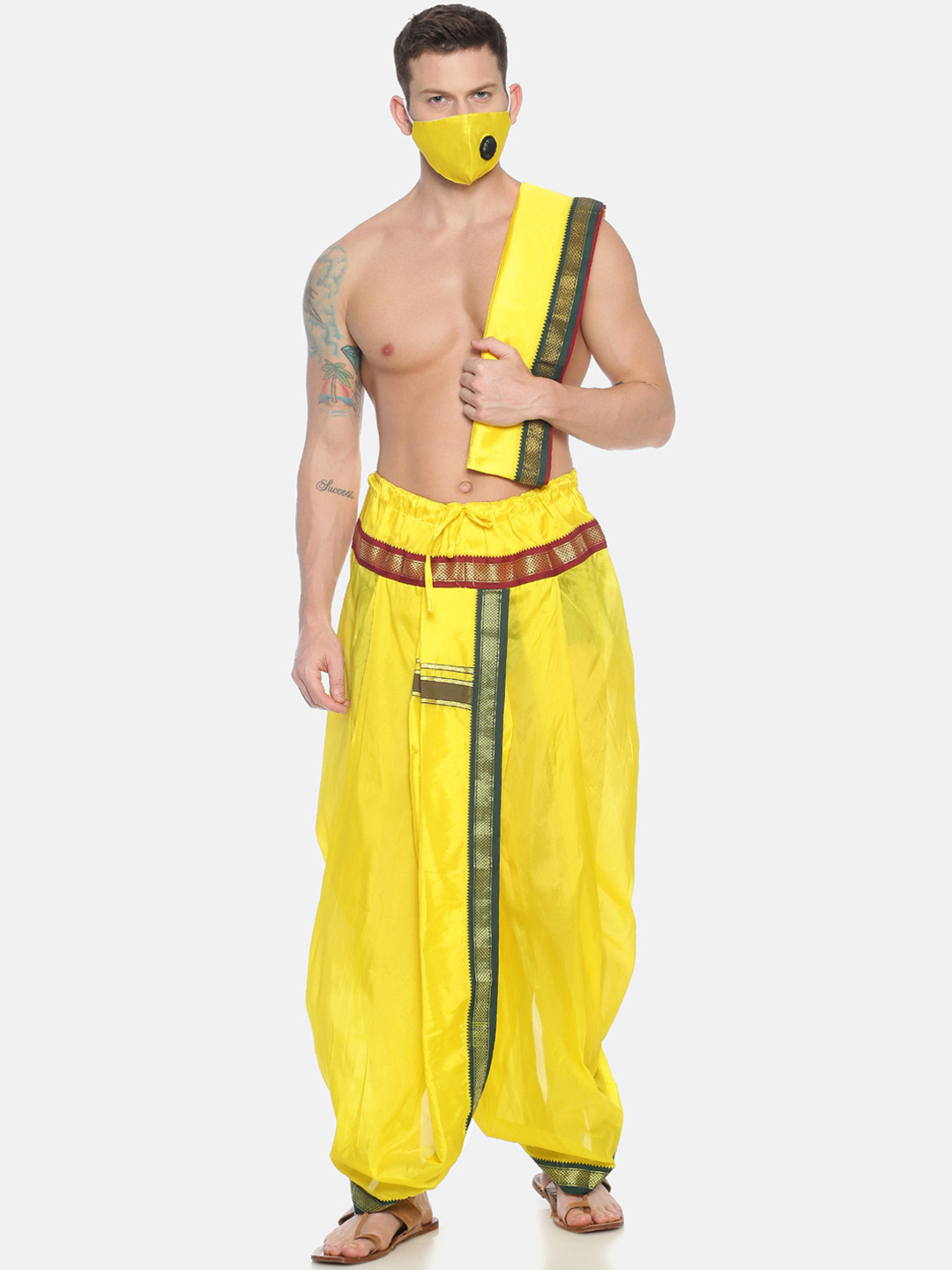 

Sethukrishna Men Yellow Solid Readymade Dhoti Pant & Angavastram With 3Layer Anti-Dust Mask
