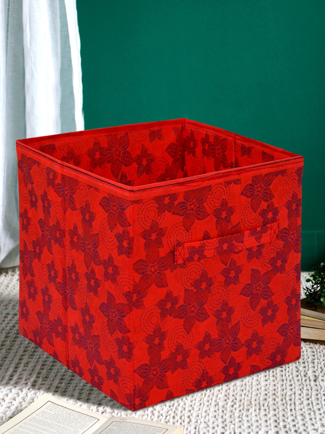 

Kuber Industries Red Printed Large Foldable Storage Box With Handle