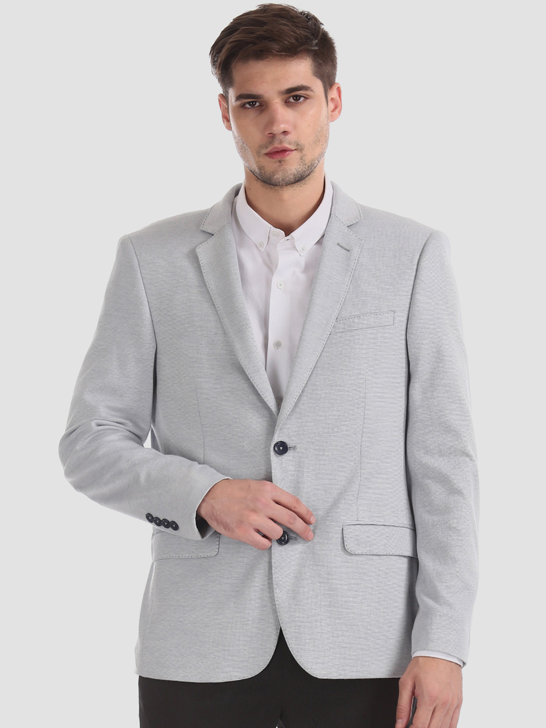 

AD By Arvind Men Grey Self-Design Single-Breasted Slim-Fit Formal Blazer