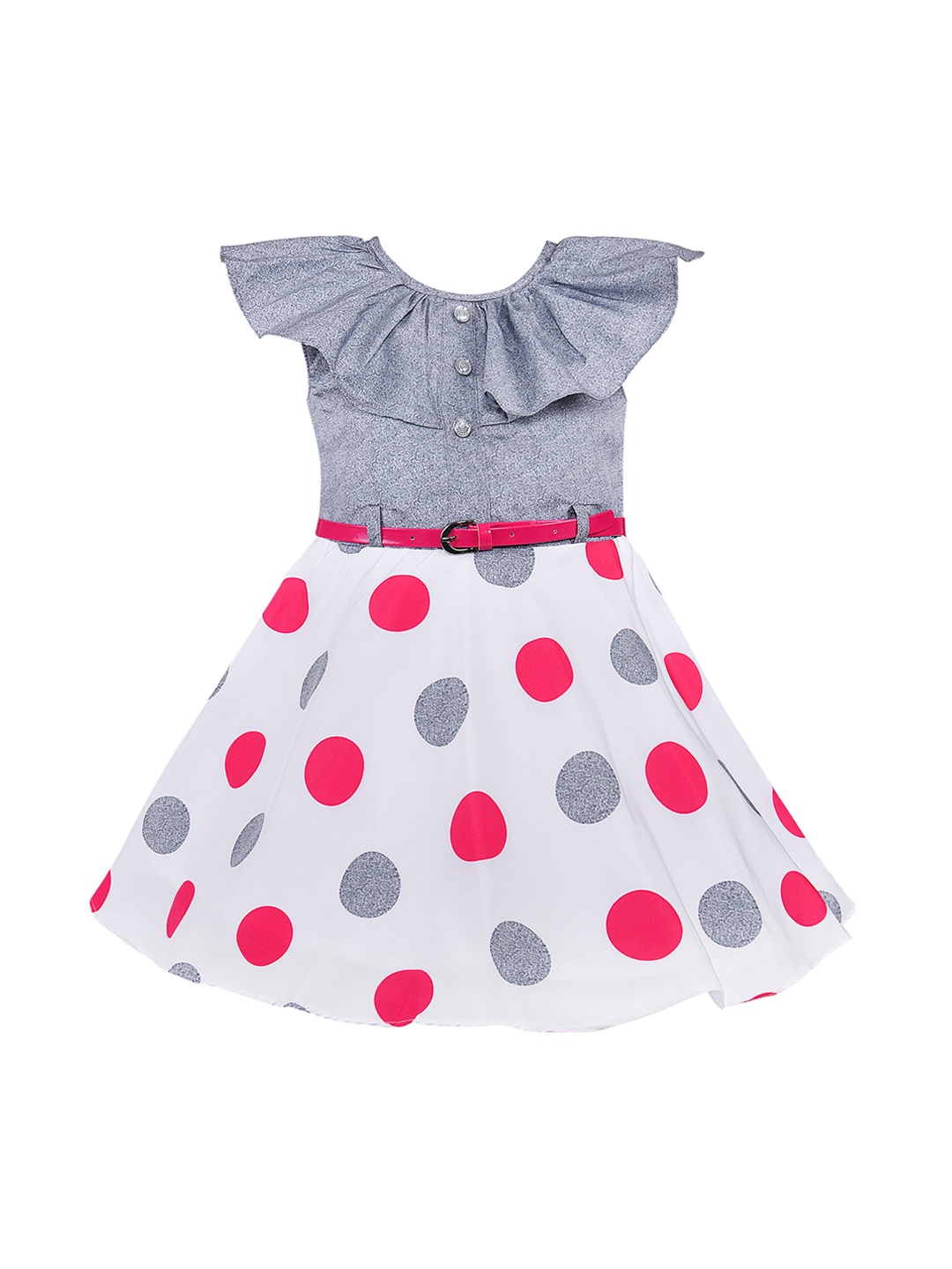 

Wish Karo Girls Grey & White Polka Dot Printed Fit and Flare Dress