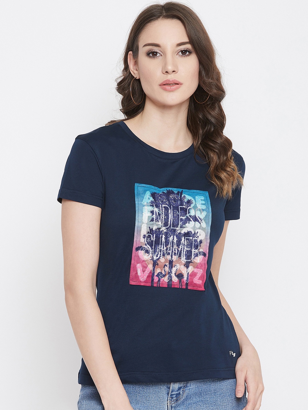 

Plagg Women Navy Blue Printed Round Neck T-shirt