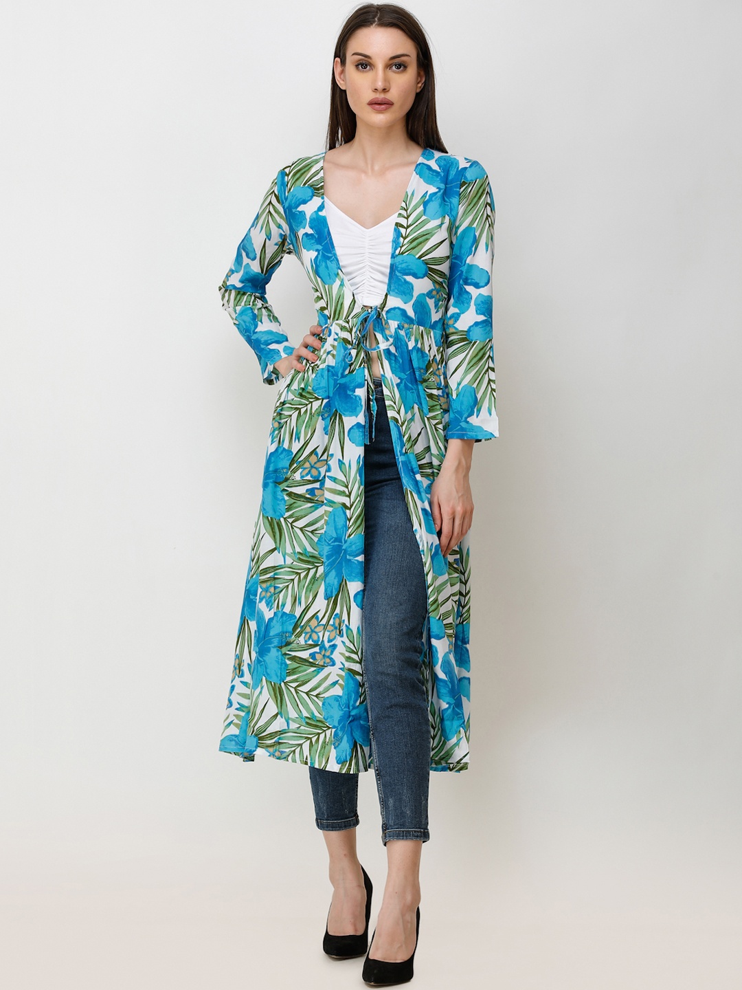 

SCORPIUS Women Blue & Green Printed Open Front Shrug