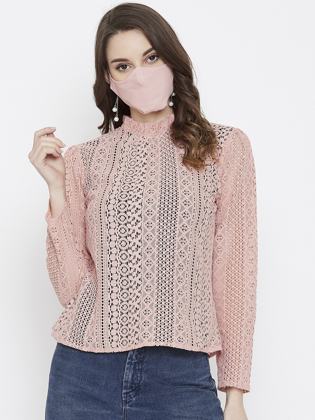 

Imfashini Peach-Coloured Lace Top & 2-Ply Cloth Mask