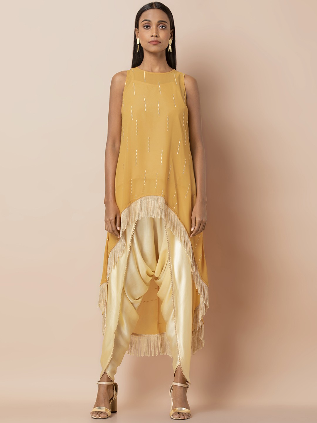 

INDYA Mustard Printed High Low Kurta, Yellow