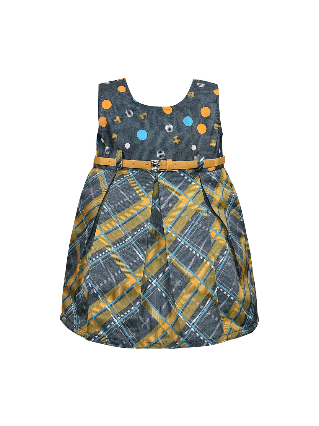 

Wish Karo Girls Grey & Yellow Checked Fit and Flare Dress