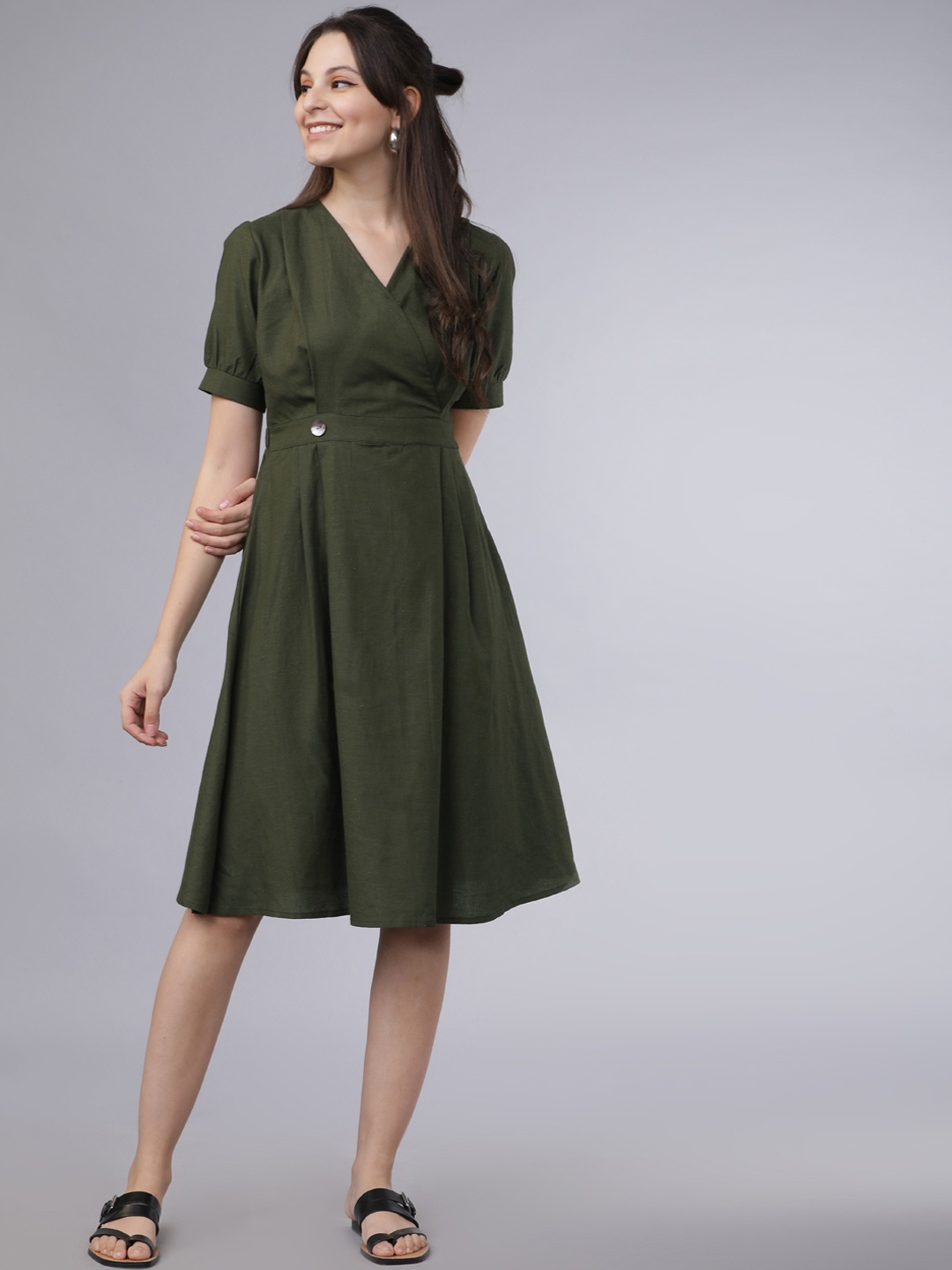 

Tokyo Talkies Women Olive Green Solid Fit and Flare Dress