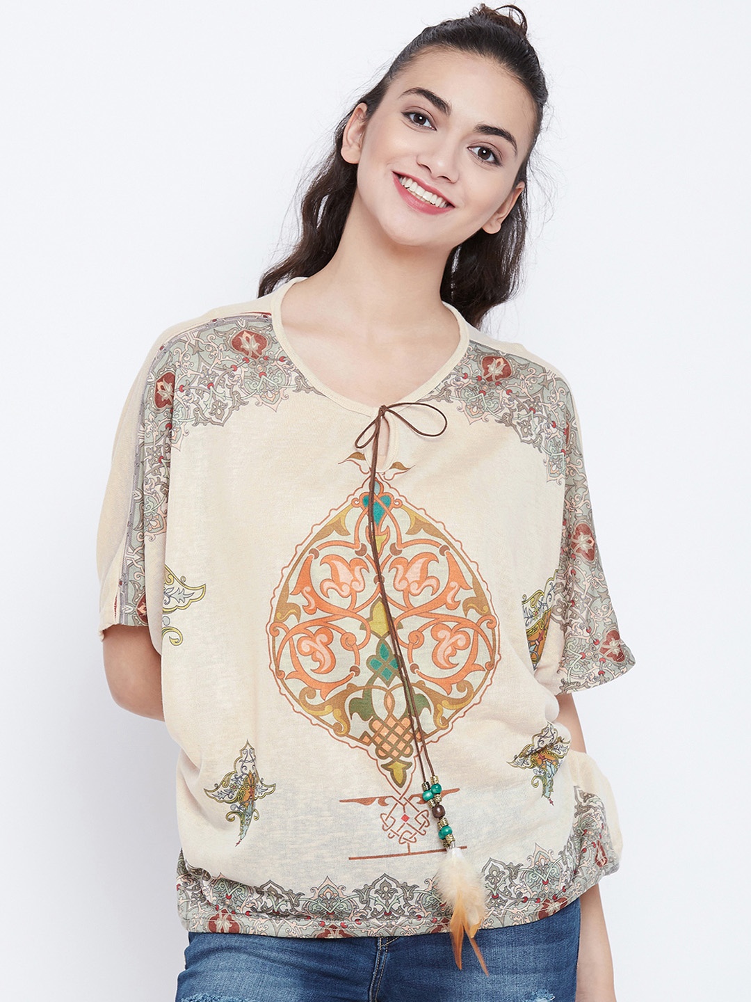 

Camey Women Cream-Coloured Printed Boxy Top