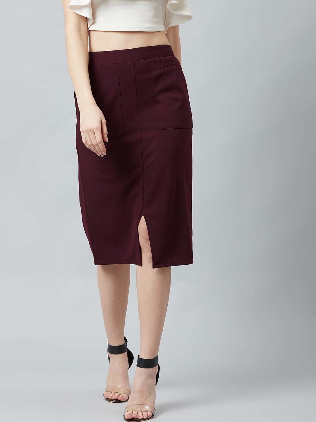 

Athena Women Burgundy Solid Pencil Midi Skirt