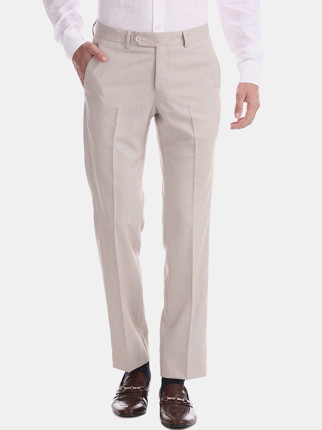 

AD By Arvind Men Beige Regular Fit Self Design Formal Trousers