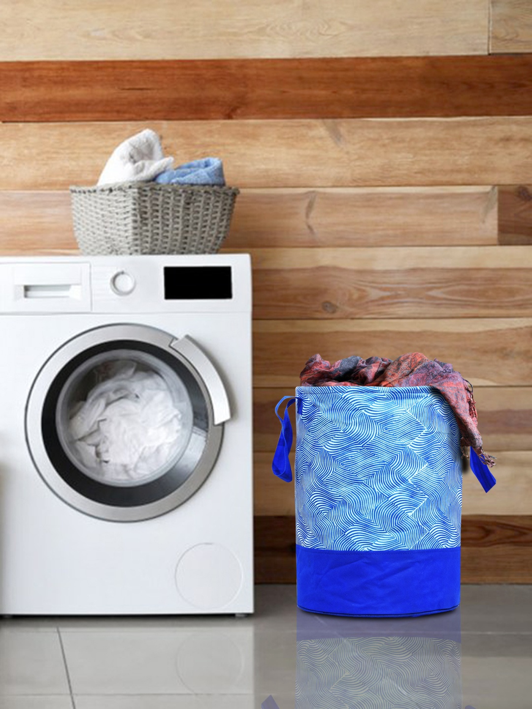 Kuber Industries Blue & White Printed Waterproof Canvas Laundry Bag