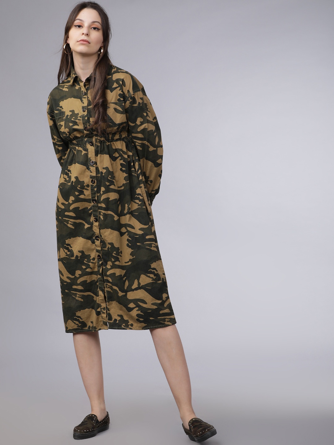 

Tokyo Talkies Women Olive Green Camouflage Printed Shirt Dress