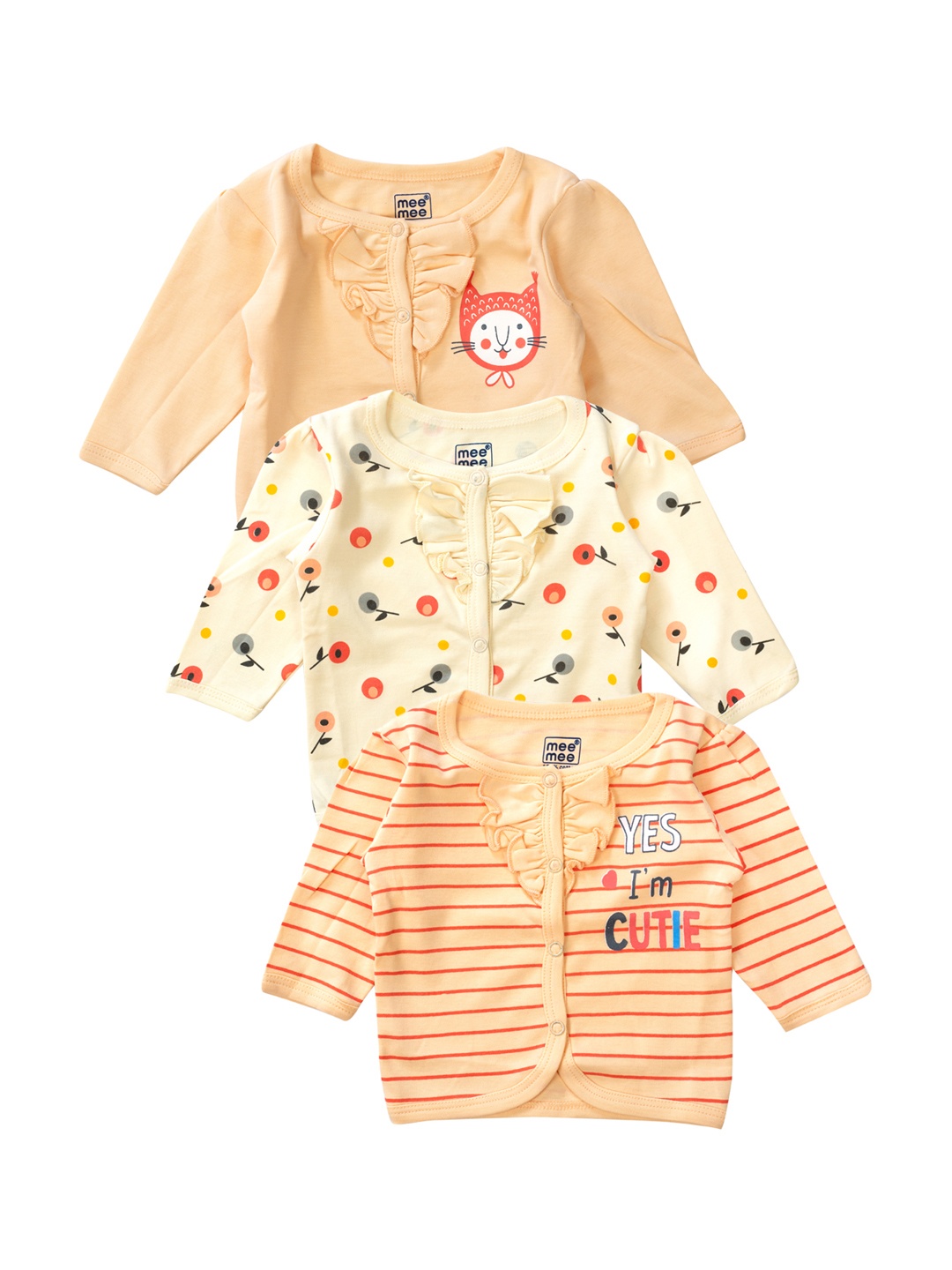 

MeeMee Girls Peach Yellow Pack of 3 Printed Round Neck Pure Cotton T-shirt