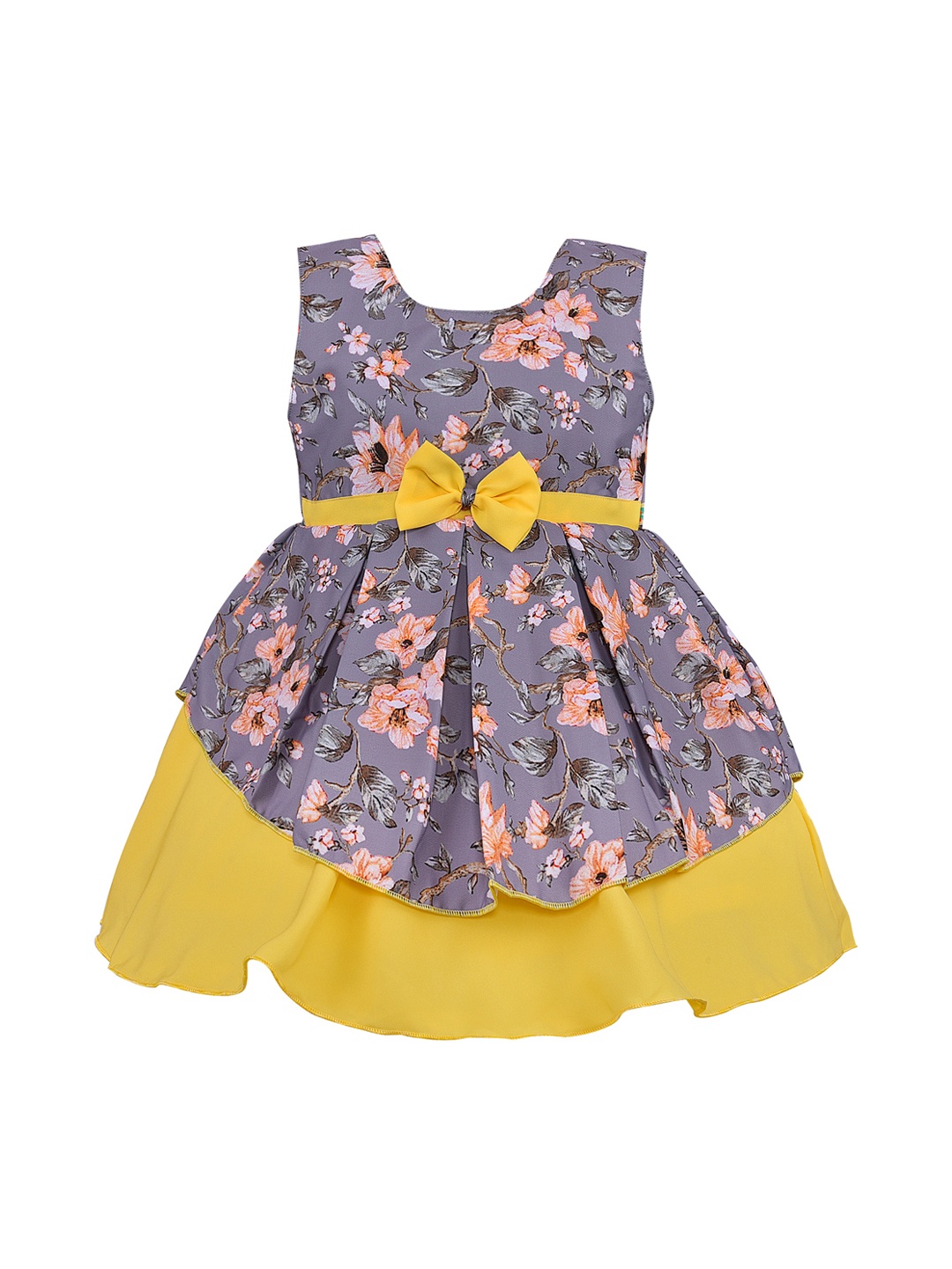 Wish Karo Girls Yellow & Grey Floral Printed Fit and Flare Dress