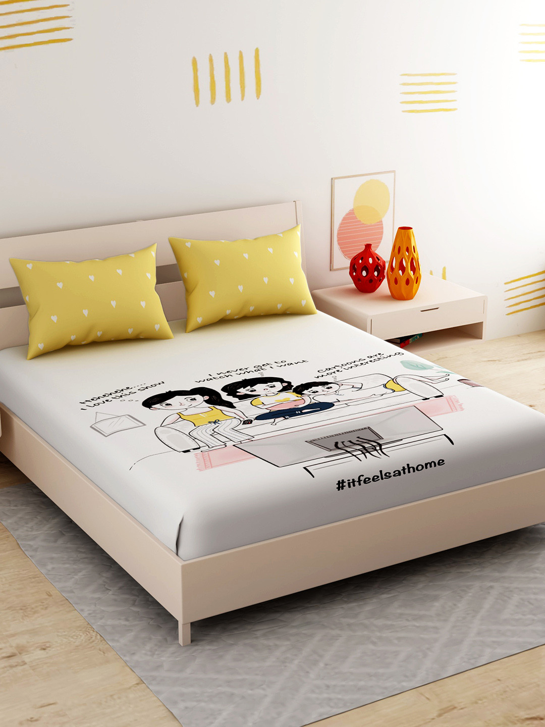 

EverHOME White Graphic 210 TC Cotton 1 King Bedsheet with 2 Pillow Covers