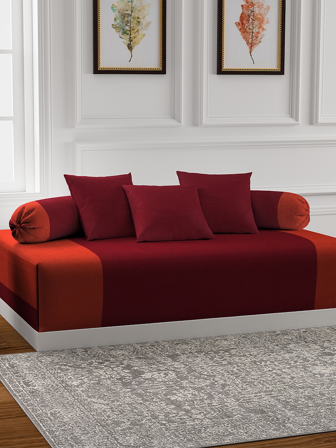 

KLOTTHE Set Of 6 Maroon & Orange Colourblocked Bedsheet With Bolster & Cushion Covers
