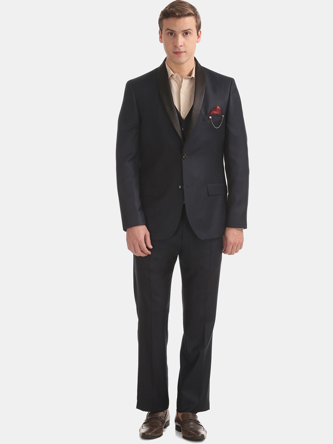 Arrow Men Navy Blue Solid Tuxedo Regular-Fit Three-Piece Suit