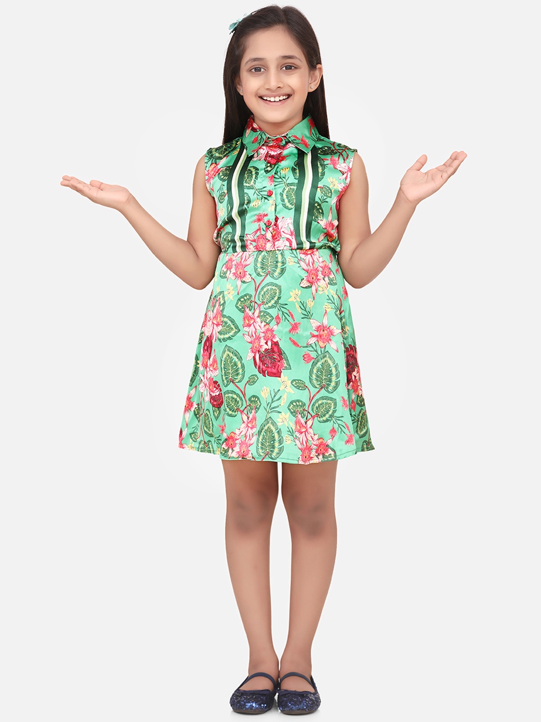 

StyleStone Girls Green Printed Satin A-Line Dress