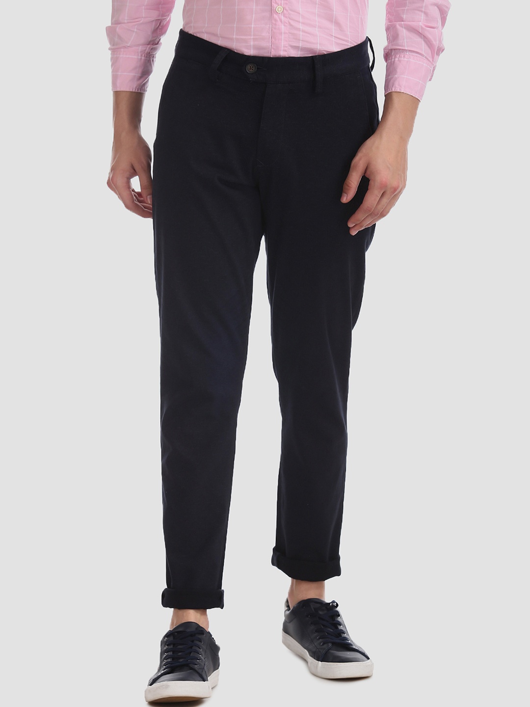 AD By Arvind Men Navy Blue Tapered Fit Self Design Regular Trousers