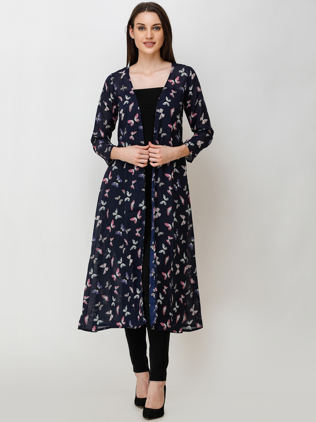 

SCORPIUS Women Navy Blue Printed Open Front Shrug