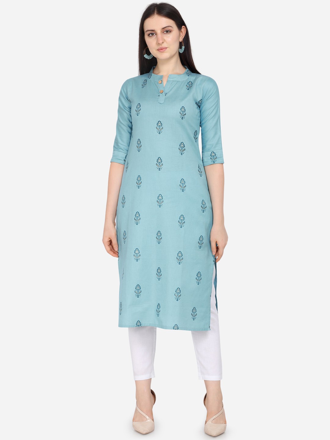 

Kvsfab Women Turquoise Blue Printed Straight Kurta