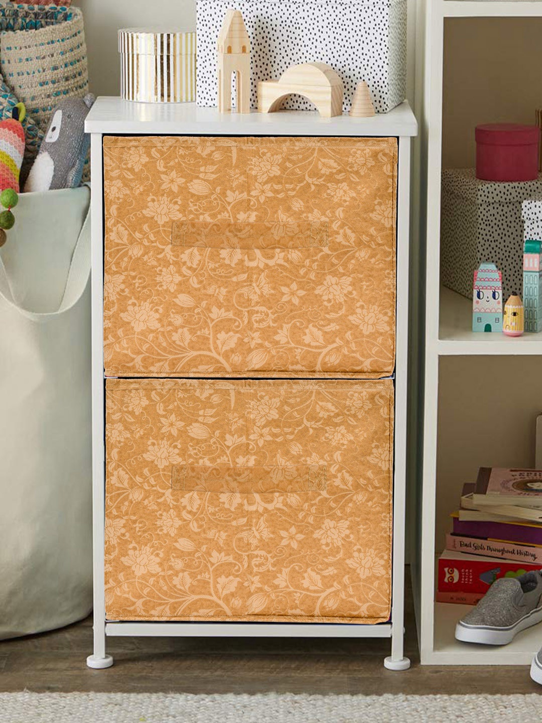 

Kuber Industries Set Of 2 Beige Printed Large Foldable Storage Box With Handle