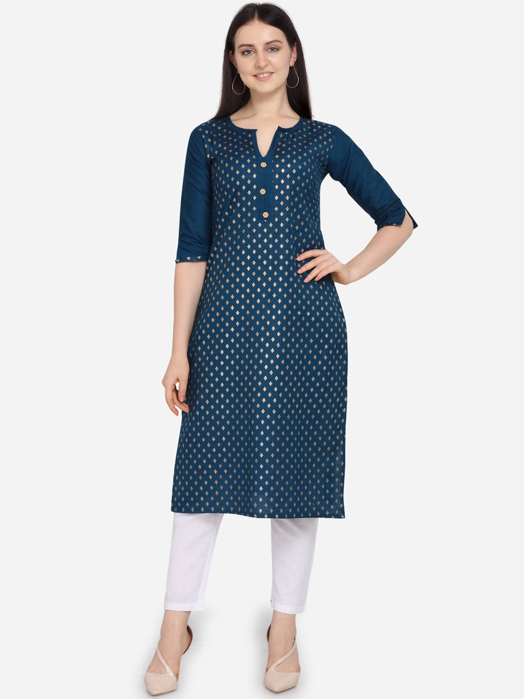 

Kvsfab Women Navy Blue Printed Straight Kurta