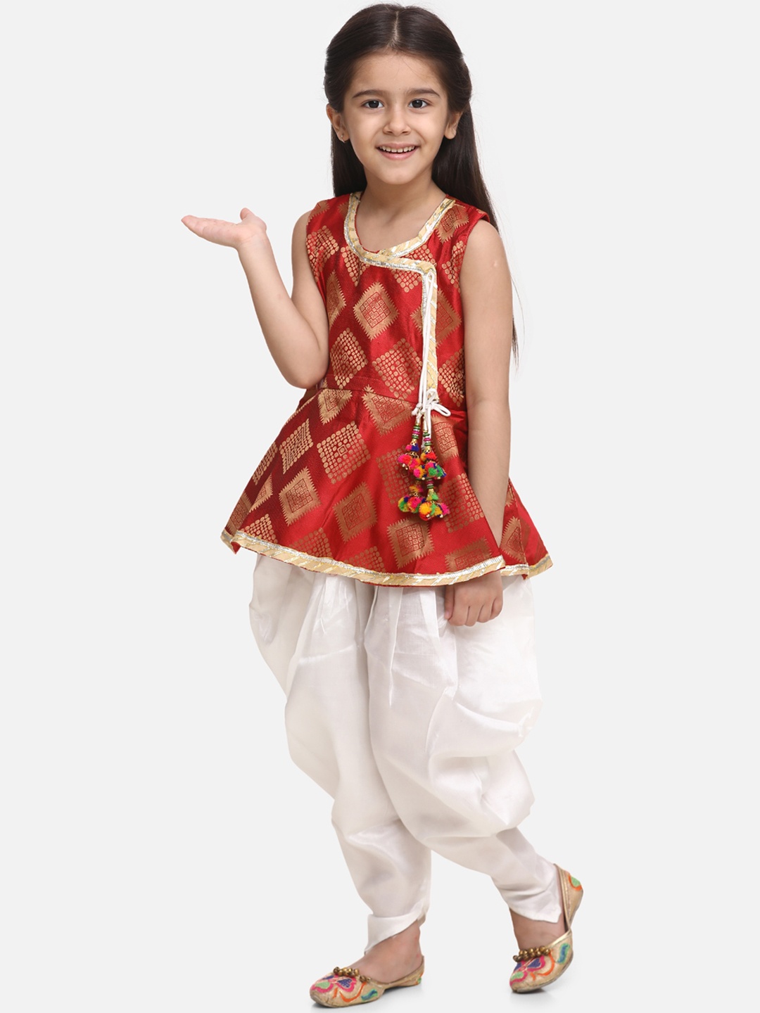 BownBee Girls Red & White Woven Design Kurti with Dhoti Pants
