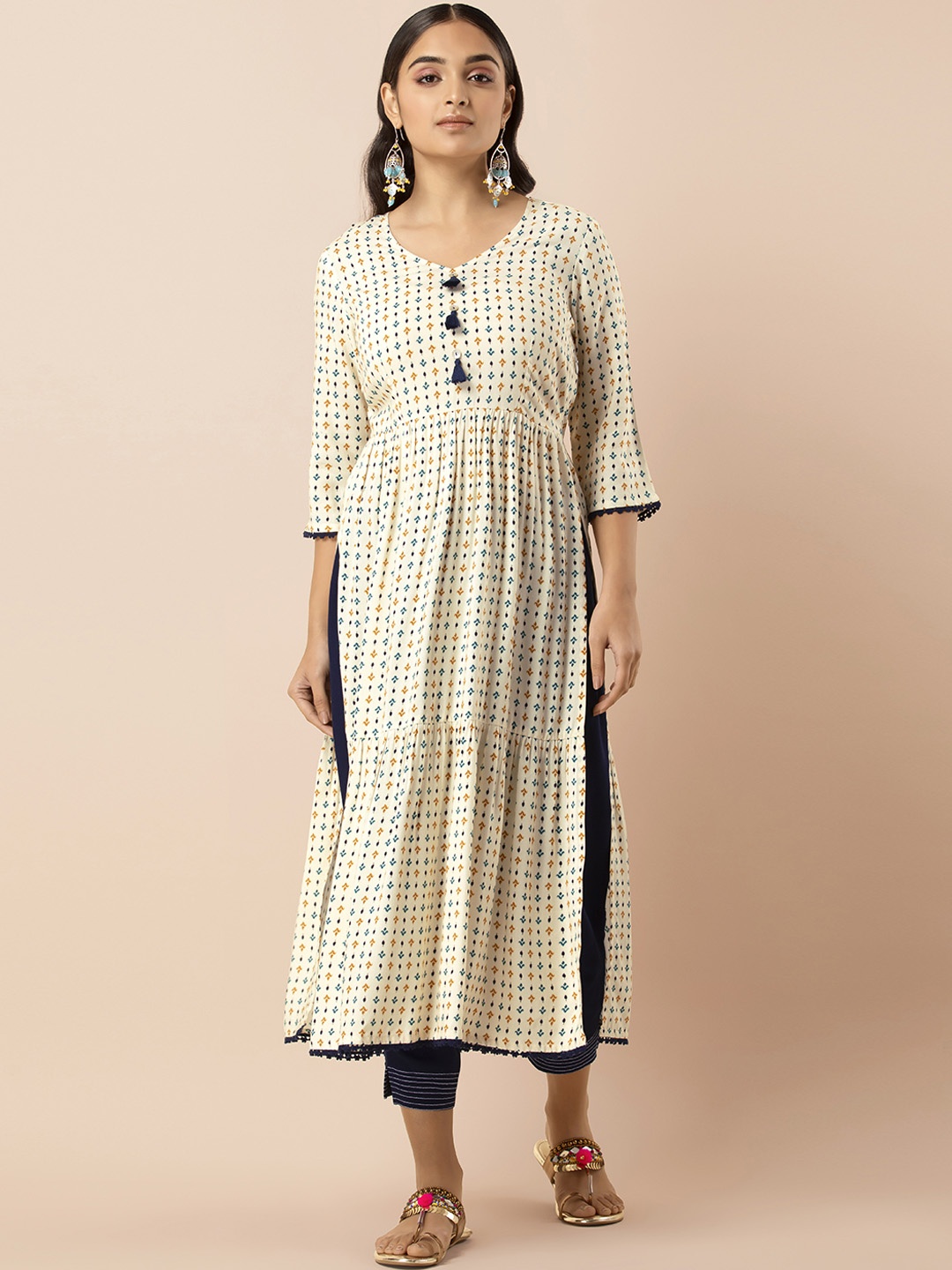 

INDYA Ivory Printed Tiered Straight Kurta, White