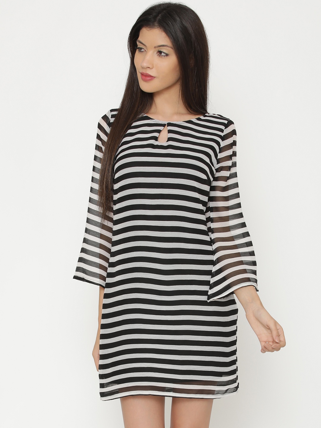 

Yaadleen Women Off-White & Black Striped A-Line Dress