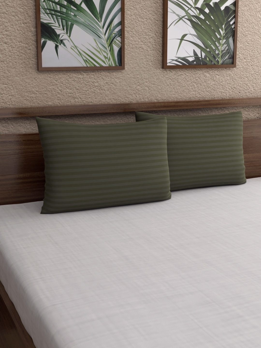 

Dreamscape Set Of 2 Olive Green Striped 100% Cotton 220 TC Satin Pillow Covers