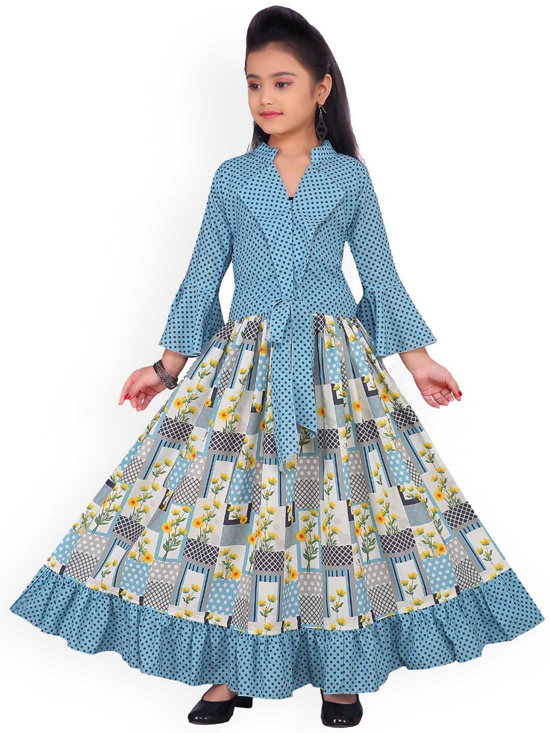 

ADIVA Girls Turquoise Blue & Yellow Printed Top with Skirt