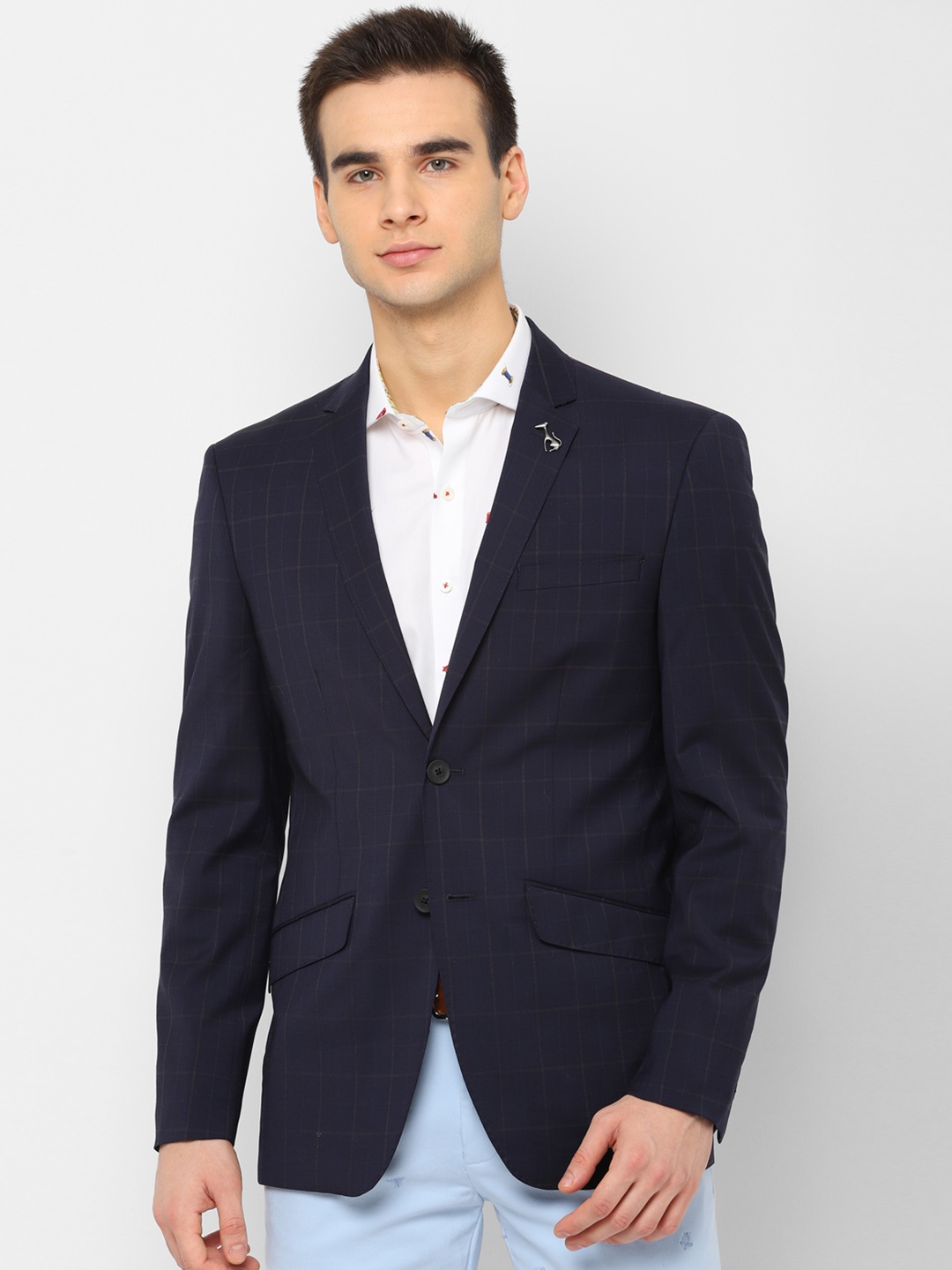 SIMON CARTER LONDON Men Navy Blue Checked Slim-Fit Single-Breasted Casual Blazer
