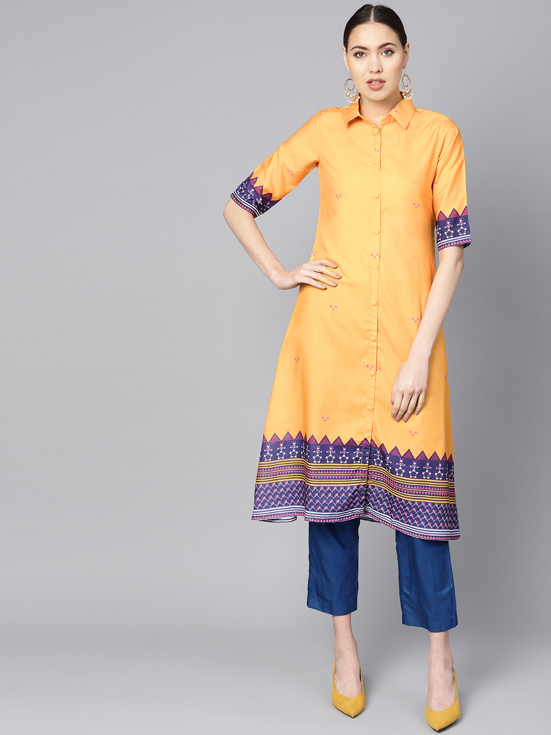 

Indo Era Women Yellow & Blue Printed A-Line Kurta