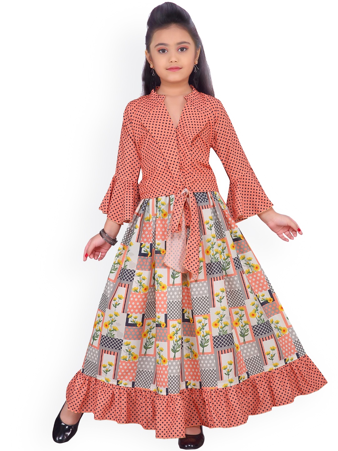 

ADIVA Girls Peach-Coloured & Yellow Printed Top with Skirt