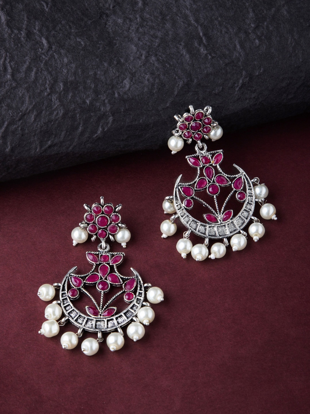 

Rubans Silver Plated Handcrafted Faux Ruby Studded Chandbali Earrings