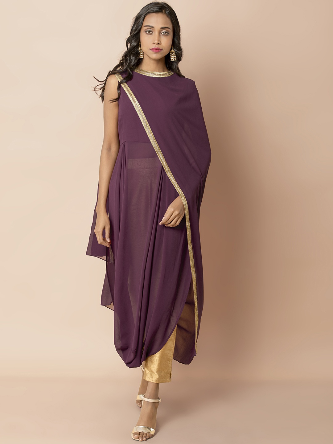 

INDYA Wine Cowl Tunic With Attached Dupatta, Maroon