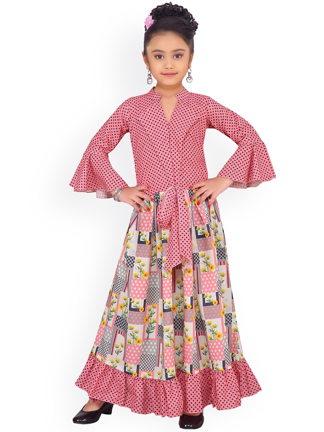 

ADIVA Girls Pink & Yellow Printed Top with Skirt
