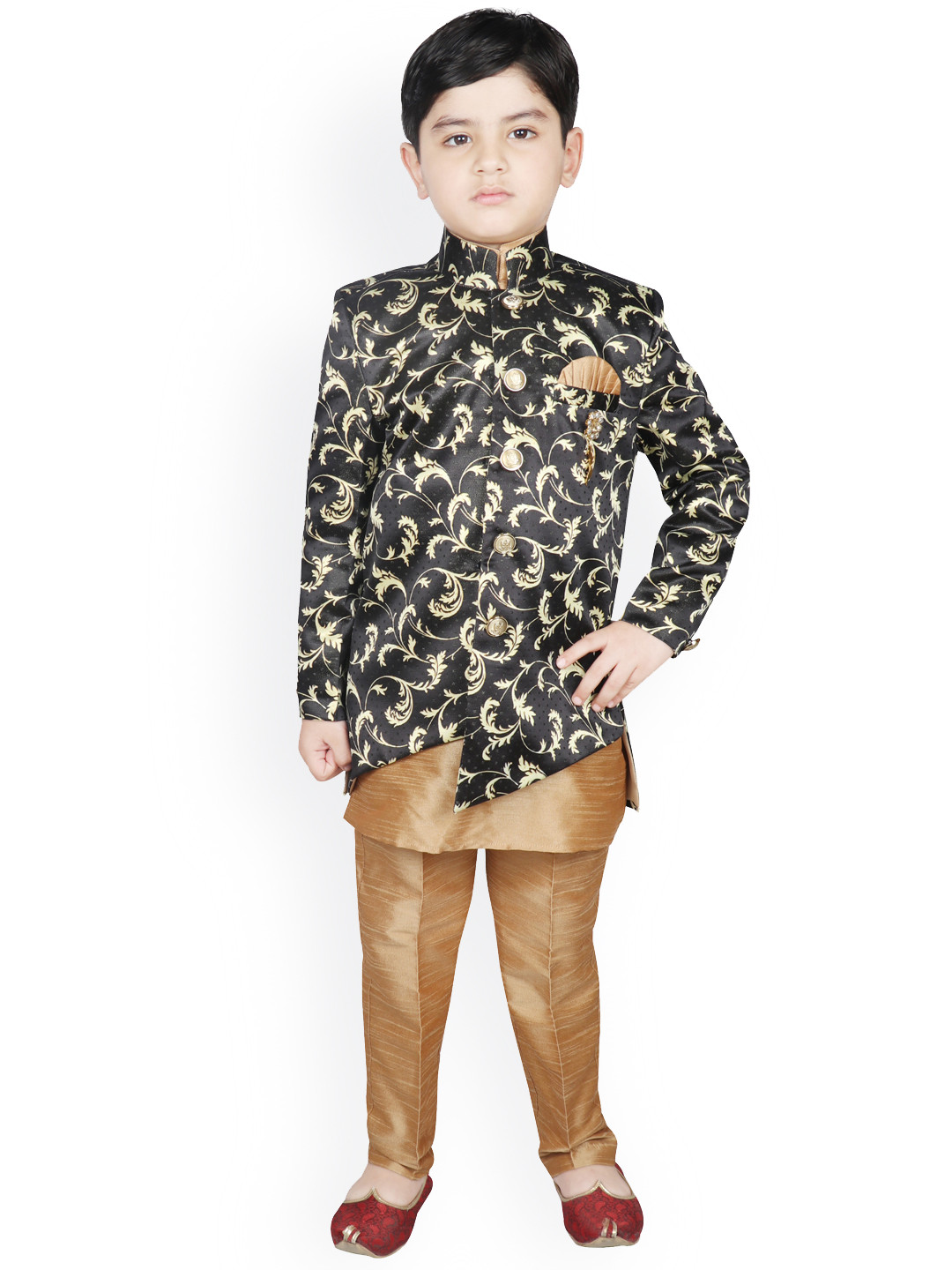 

SG YUVRAJ Boys Black & Gold-Toned Printed Kurta with Trousers