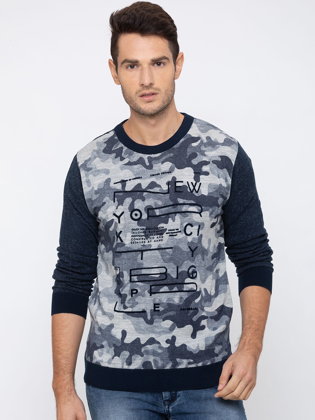

Globus Men Grey Camouflage Printed Pullover Sweater
