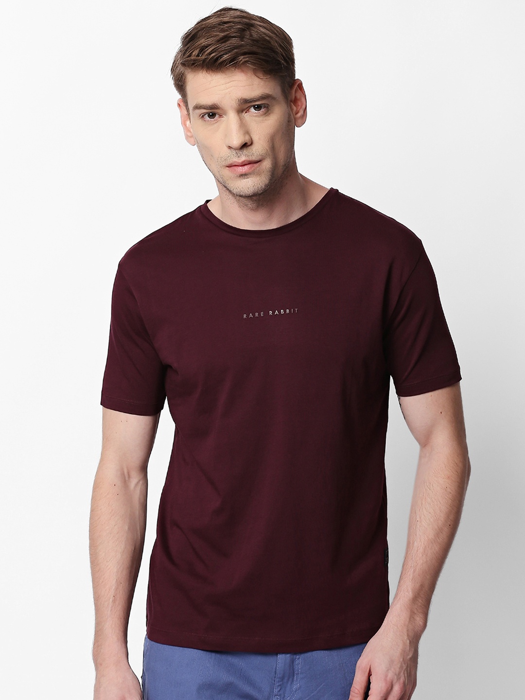 RARE RABBIT Men Rabbit-3 Slim Fit Solid Round Neck T-Shirt, Maroon